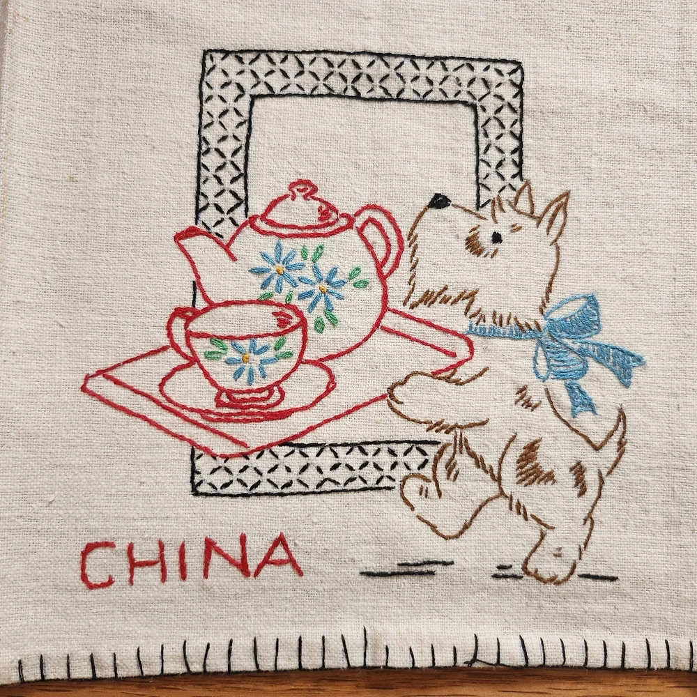 Two Kitchen Towels- Embroidered Linen Towel and Cotton Towel